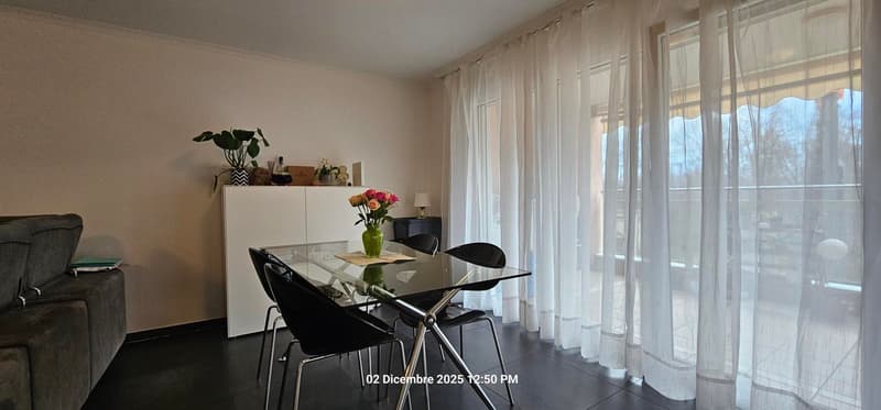 Dining room: Glass table, four chairs, vase with flowers, white cabinet, window with white curtains, black couch