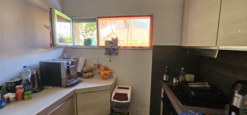 kitchen with appliances, windows, trash bin, countertop, cabinets, sink