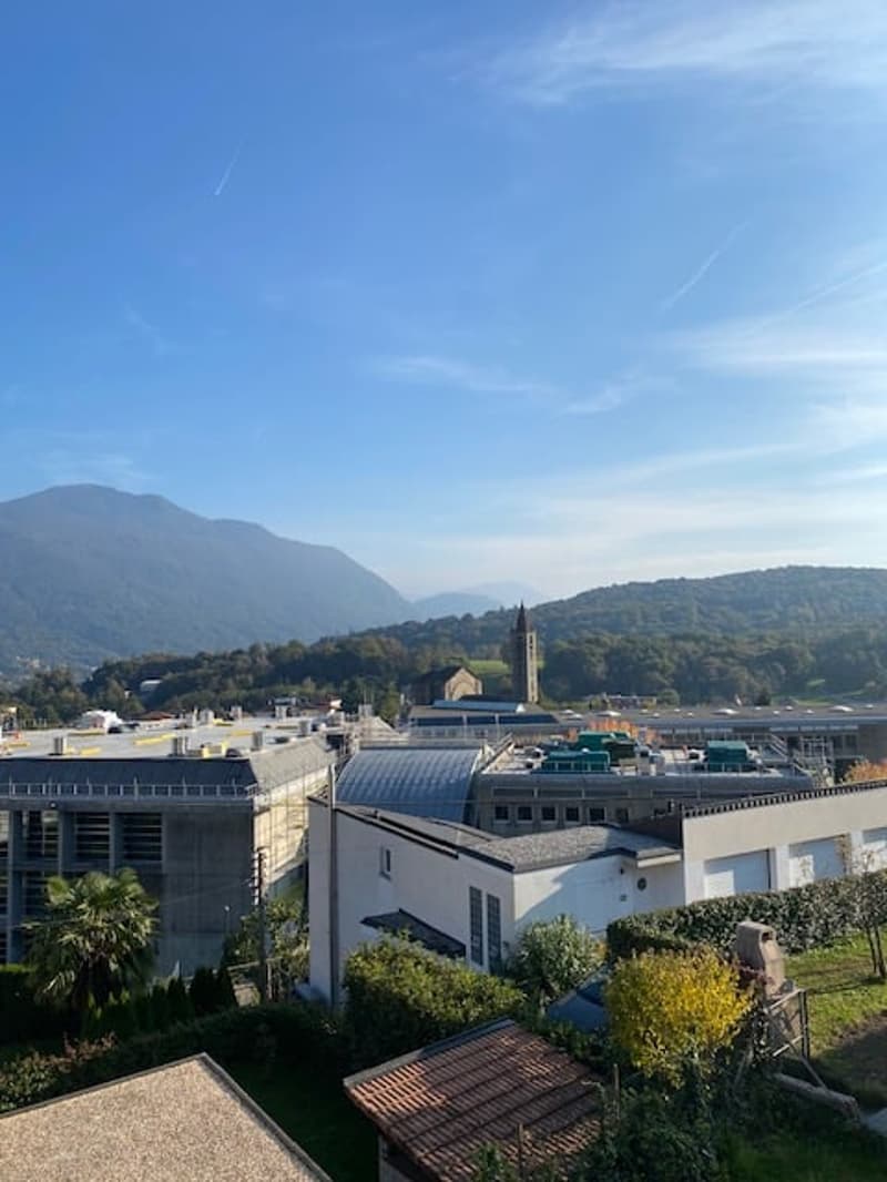 house with multiple floors, large building in the background, mountains in the distance, clock tower