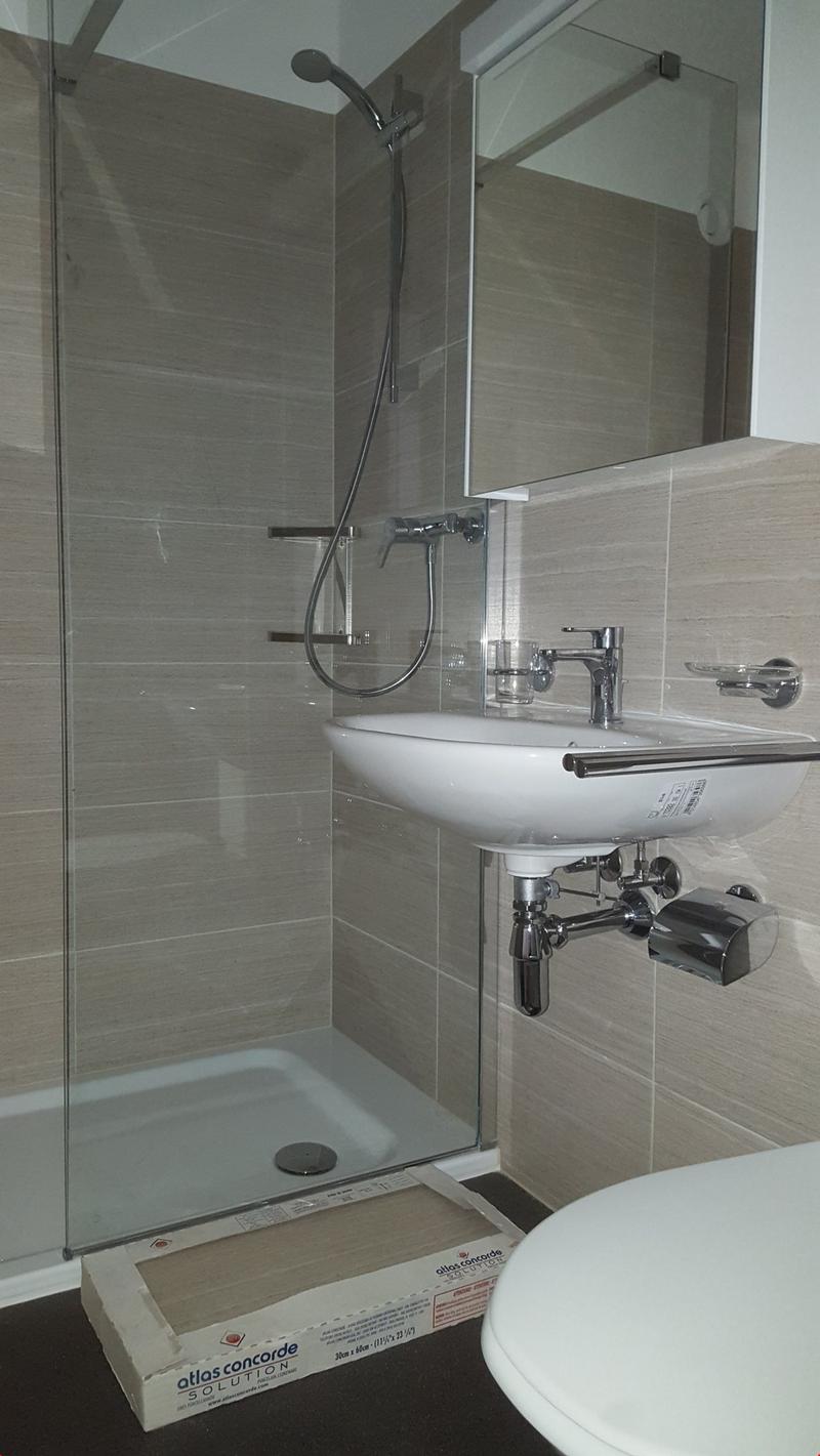 Glass shower enclosure, white sink with soap dish, silver faucet, white showerhead with hose, white toilet, tiled walls, mirror mounted on wall