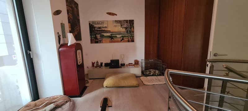 living room with wooden floor, beige throw pillows, beige rugs, a metal cabinet, a glass door, a glass railing, and a window