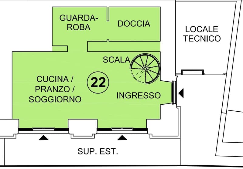 Guarda-roba (wardrobe), Doccia (shower), Scale (stairs), Cucina/Pranzo/Soggiorno (kitchen/dining/living room), Ingresso (entrance), Sup. Est. (south east)