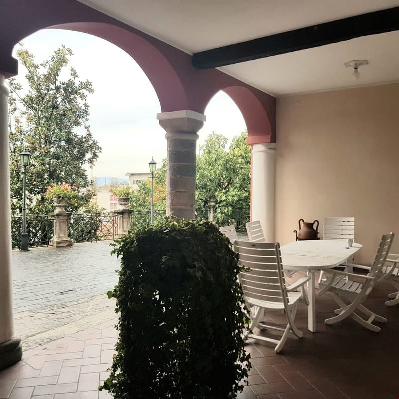 Outdoor dining area with a table and chairs, covered by arches, a brick walkway, potted plants, streetlights, and a balcony overlooking a view of the town and trees.