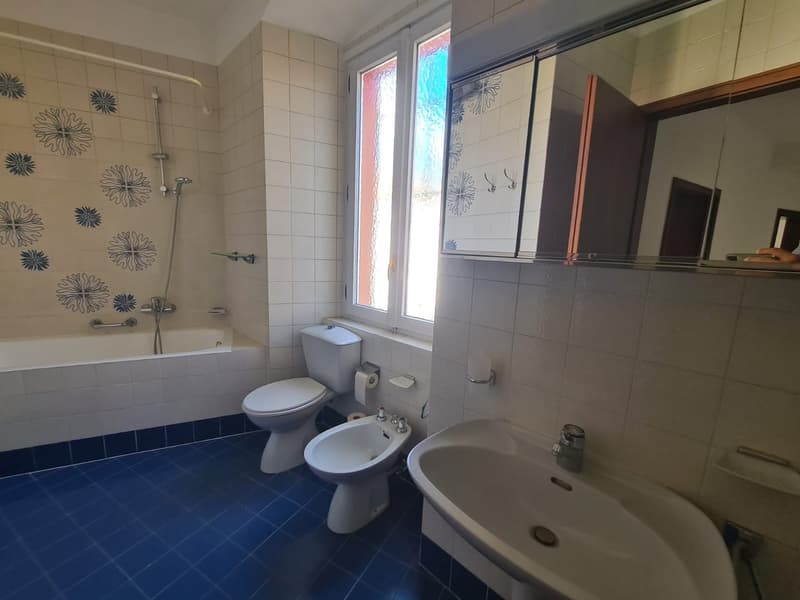 Bathroom with bathtub, toilet, bidet, sink, showerhead, and mirror above the sink.