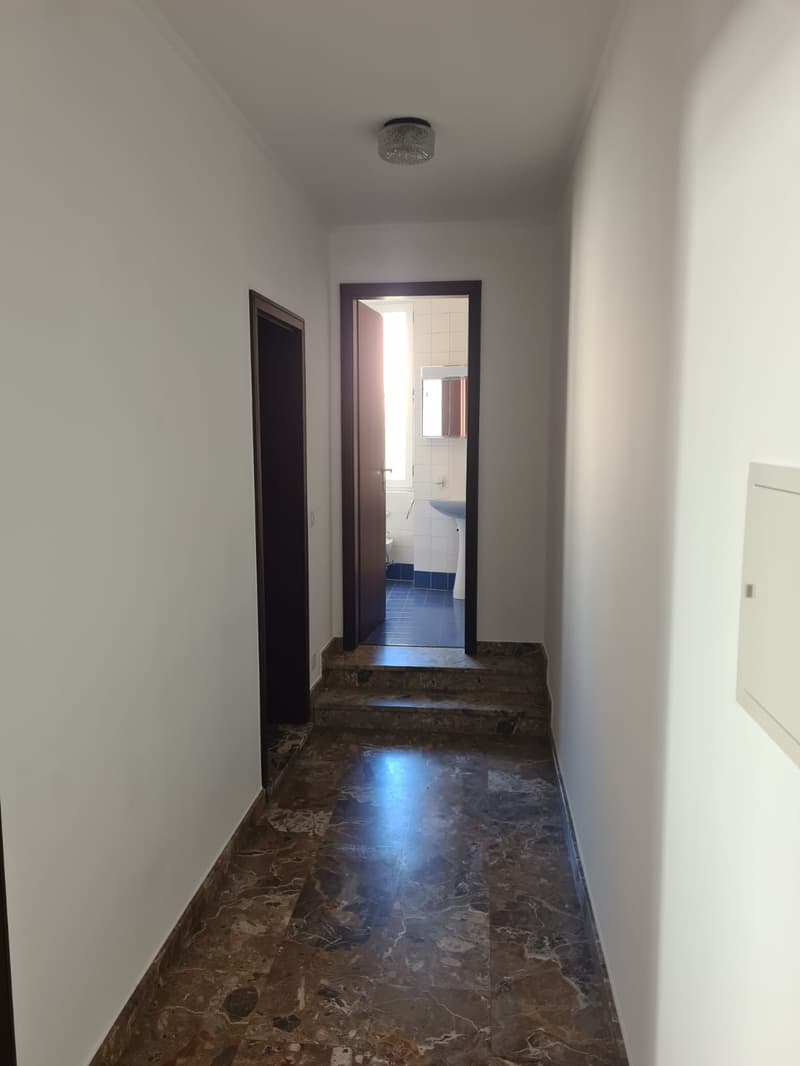apartment hallway, marble flooring, white walls, two doors, light fixture, open door to bathroom with sink and toilet