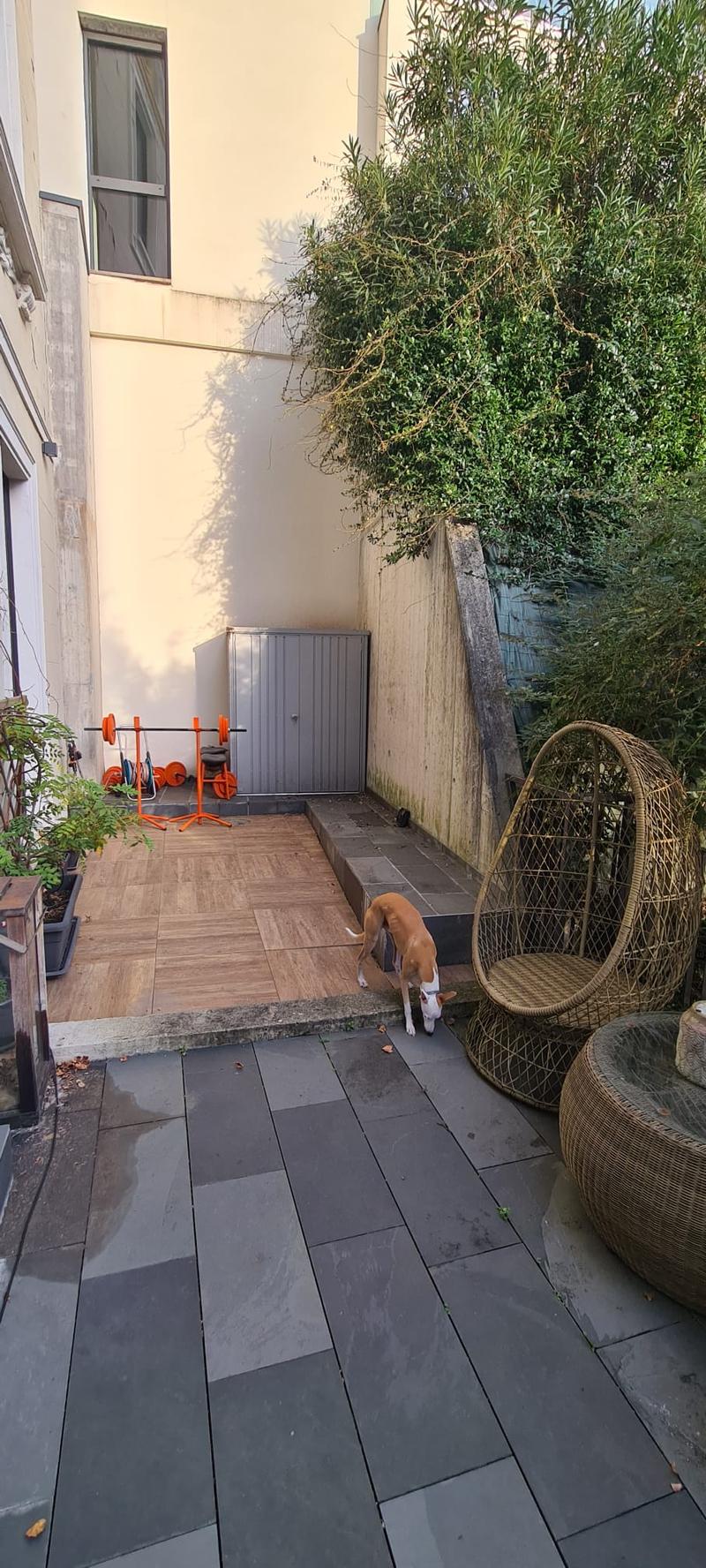 Patio with floor and steps, furniture, potted plants, and workout equipment