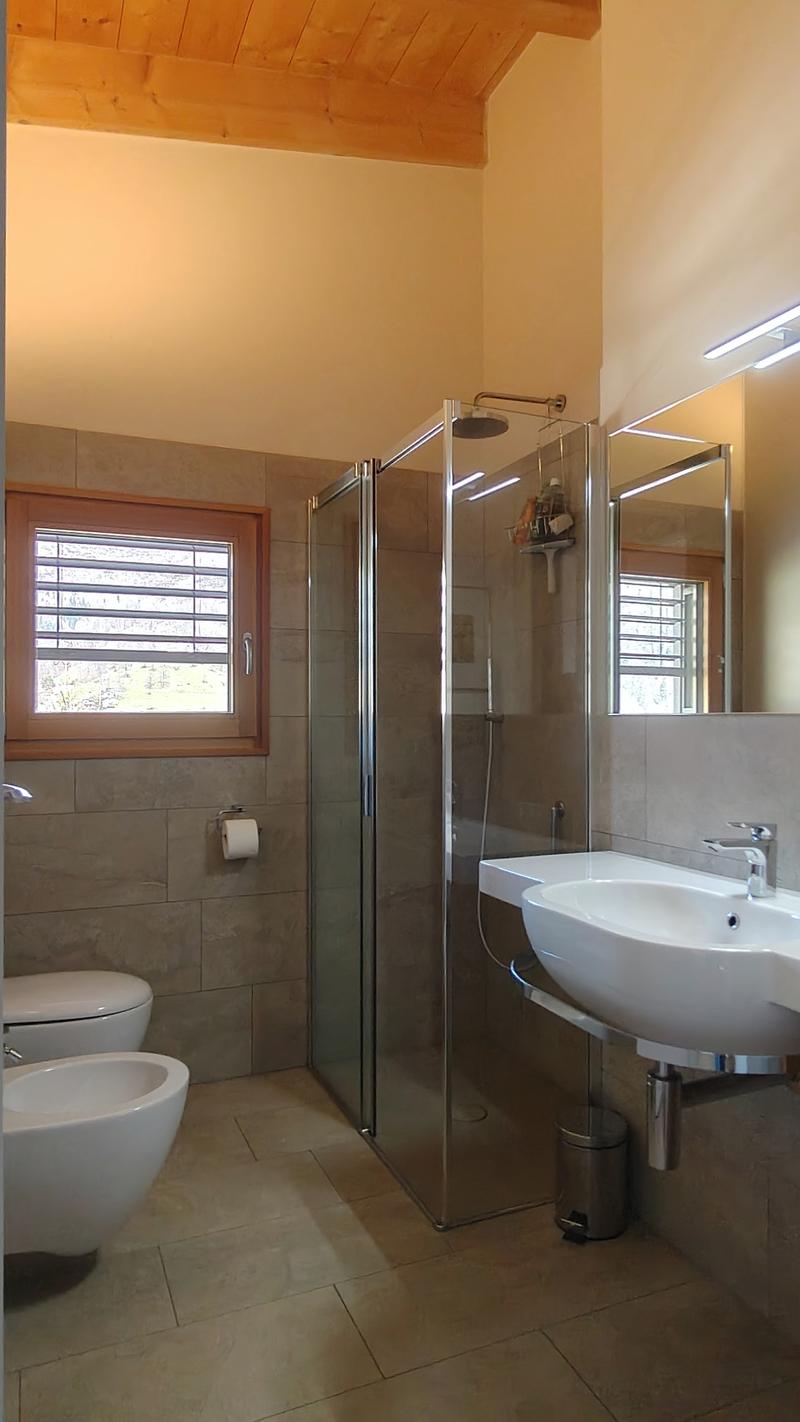 Bathroom with shower, sink, bidet, toilet, window, wooden ceiling