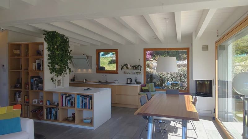 Open kitchen, dining area, living room, large windows, wooden table, chairs, couch, bookshelves, fireplace, plants, modern design