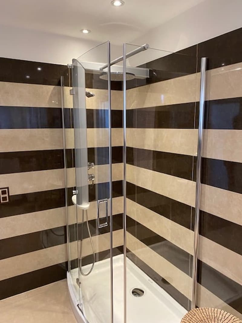 shower, glass door, tiled walls, black and white stripes, shower head, drain