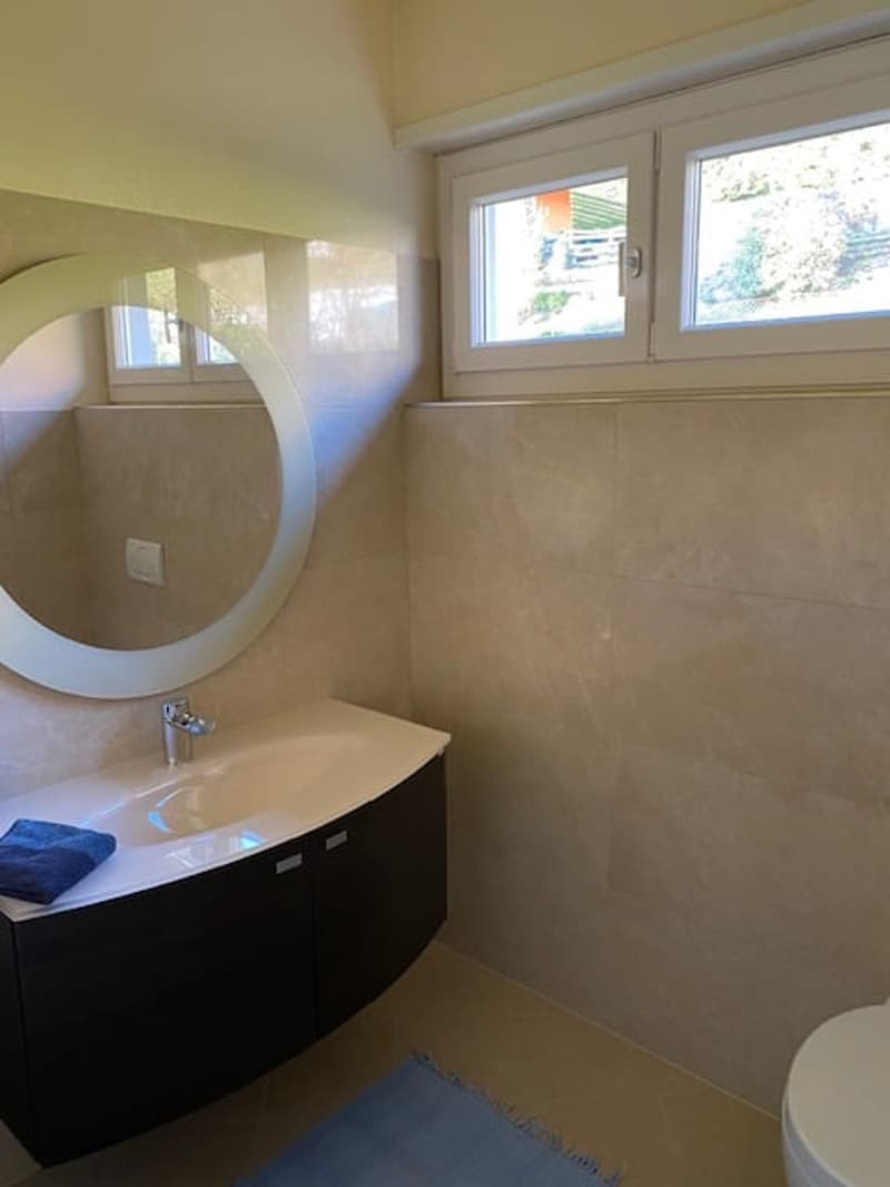 Bathroom with a sink, mirror, and toilet