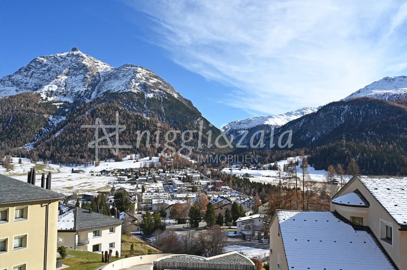 Mountain view, snow-covered mountains, town below, houses, trees, clear sky