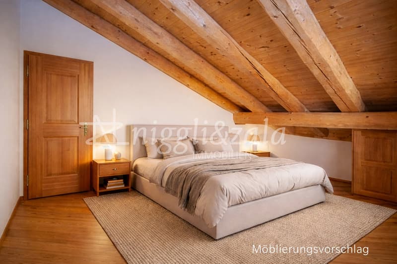bedroom with wooden ceiling, bed, nightstands, carpet, wooden door