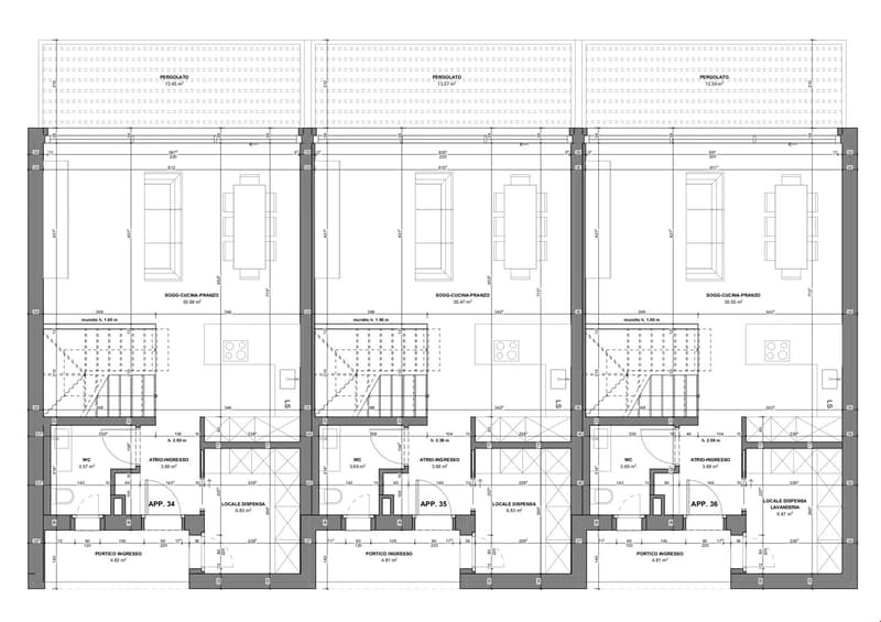 multiple apartments layout including living room, kitchen, 2 bedrooms, 2 bathrooms, balcony