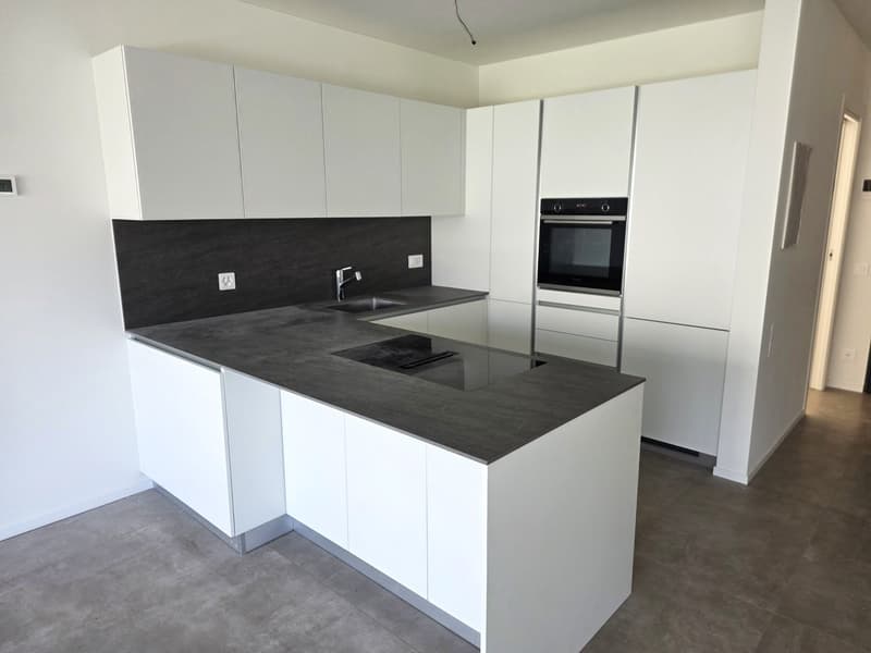 Modern kitchen with white cabinetry, gray countertops, built-in appliances including oven and dishwasher, sink with faucet