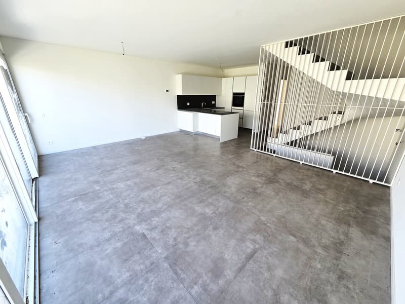open space, modern design, kitchen with modern appliances, large windows, staircase, concrete flooring