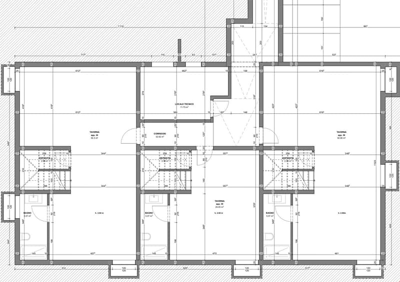 Central living area, kitchen, 3 bedrooms, 2 bathrooms, balcony, and technical area