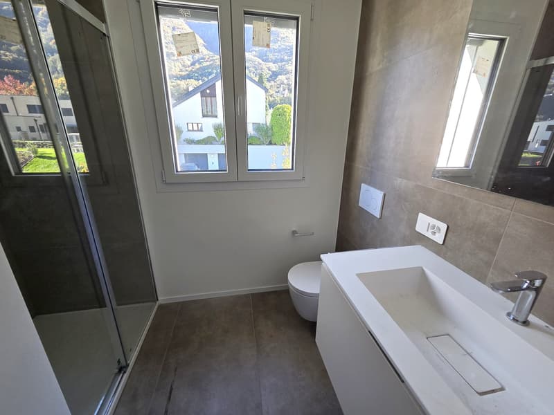 modern design, glass shower, white toilet, white sink, gray tiles, window, mirror