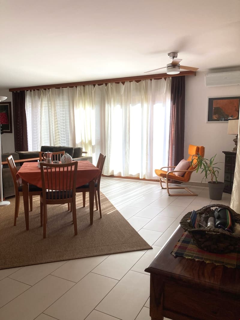 dining table, 4 chairs, couch, coffee machine, ceiling fan, rug, cabinet, plant, table, wicker basket