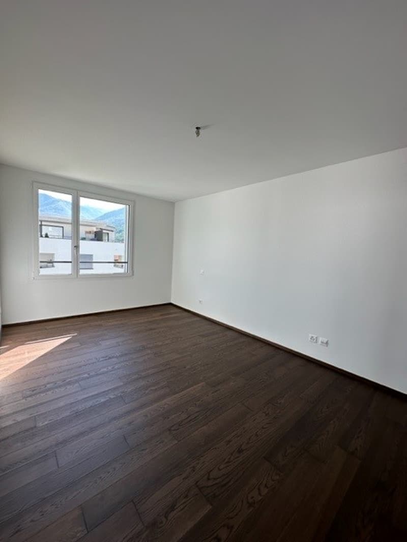white walls, wooden floors, window with view