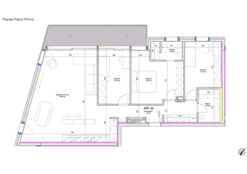 Living room, 3 bedrooms, 2 bathrooms, disimpegno (hallway)