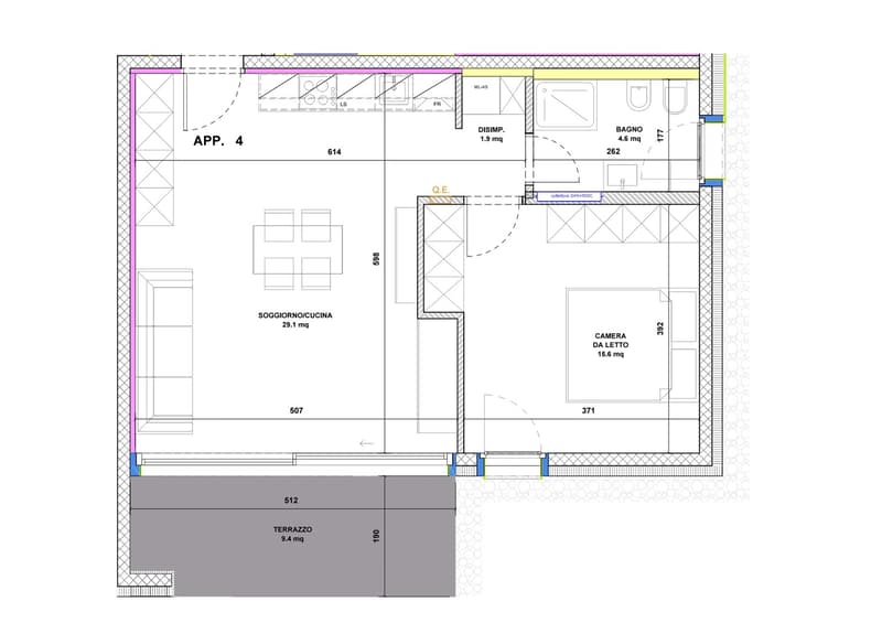 The image shows the floor plan of an apartment. It consists of a living room/kitchen area, a bedroom, a bathroom, and a terrace.