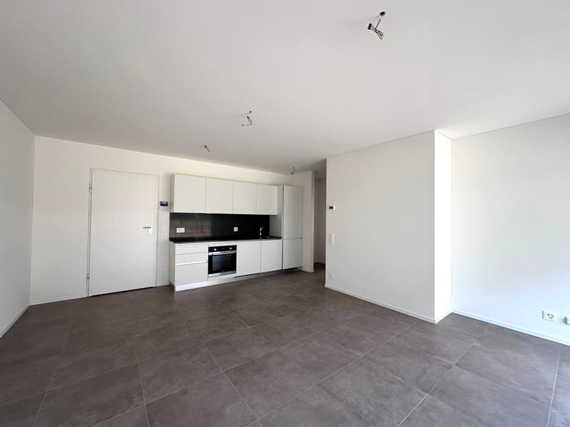 The image shows a modern, open-plan apartment with a kitchen and living area. The apartment has white walls, gray tile flooring, and built-in white cabinets and appliances in the kitchen. The space appears to be well-lit with recessed lighting fixtures in
