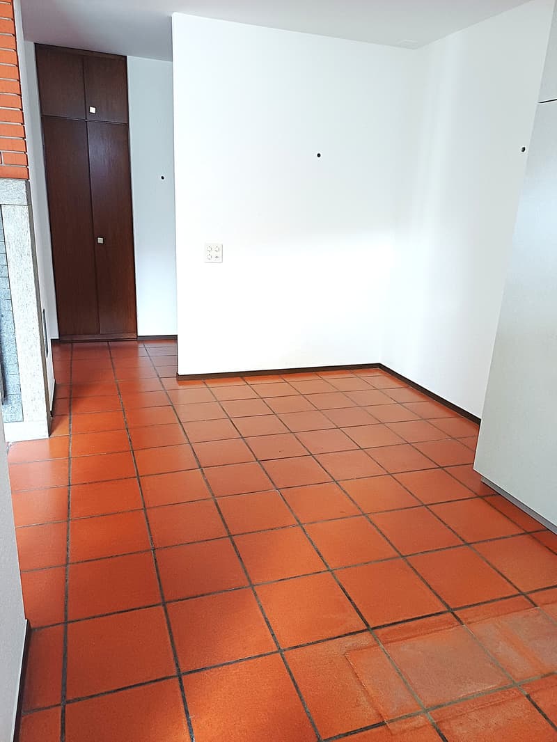 empty room, white walls, red floor, wooden door, power outlet