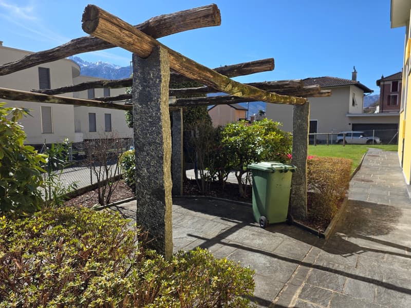 Outdoor area with wooden pergola, stone pillars, green trash bin, plants, and bushes.