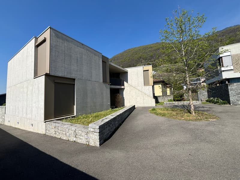 Modern concrete house, two-story, with a driveway, stone wall, and a tree in the front yard.