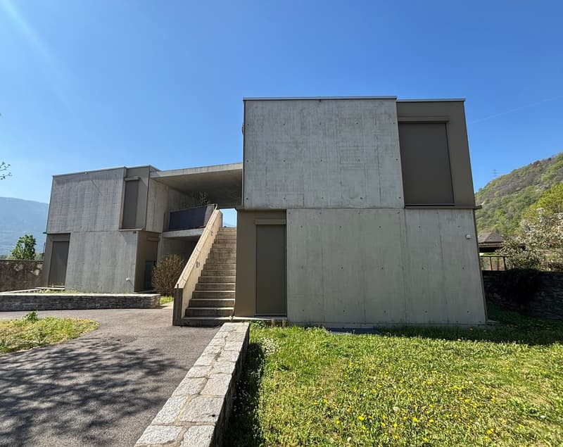 Modern concrete house, raised ground floor, stairs leading to entrance, large windows, flat roof