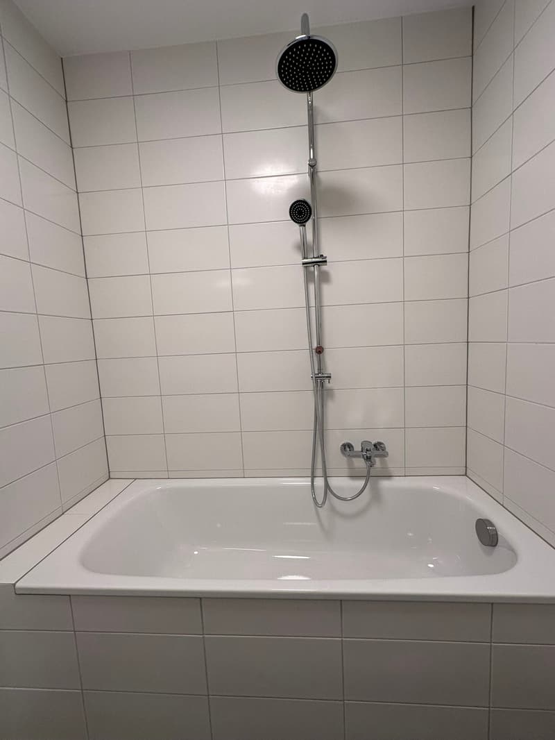 white tiles, bathtub, shower head, faucet