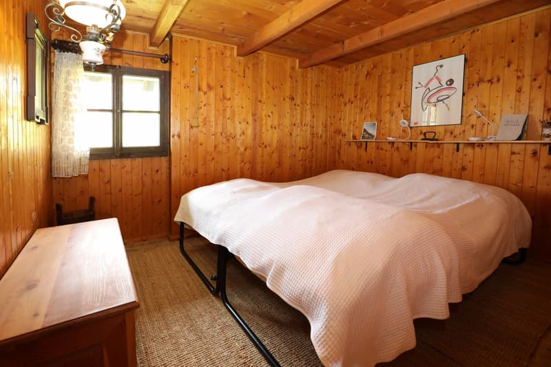 Cozy wooden cabin-style bedroom with pine wood walls and ceiling, a large bed with a white comforter, a small side table, and a decorative wall hanging.