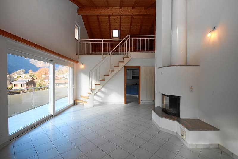 Fireplace, stairs, tiled floor, window, balcony