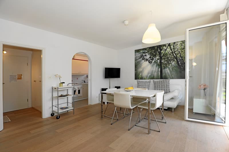 Dining area with a table and chairs, a white couch, a TV, a shelf with books and a flower vase, a kitchen with a stove and cabinets, a glass door, and a wooden floor.