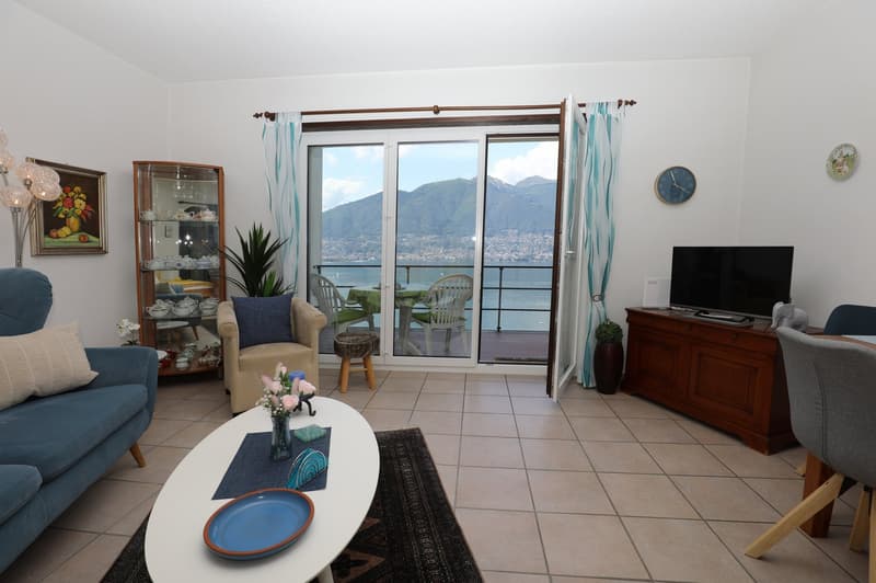 Spacious living room with large sliding glass doors leading to a balcony with a scenic view of the mountains and lake. The room features a sofa, armchair, coffee table, TV stand, and decorative elements like a plant and artwork. The floor is tiled and the