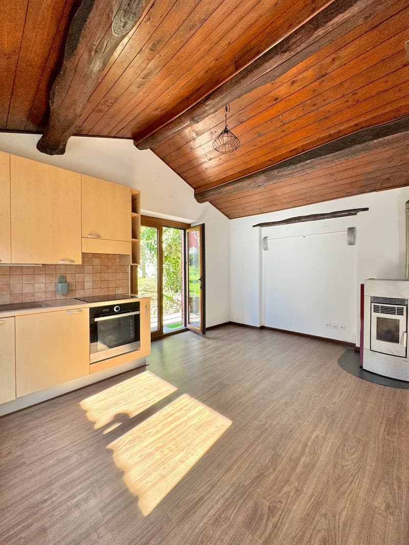 Open-plan living room and kitchen with wooden ceiling beams, hardwood floors, built-in kitchen cabinets, and a fireplace