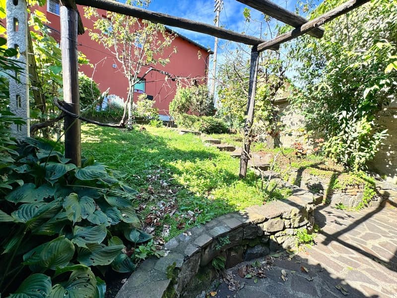 Lush green garden with stone steps, wooden trellis, and a red brick building in the background