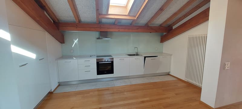 kitchen with white cabinetry, wooden floor, stainless steel appliances, glass splashback, skylight
