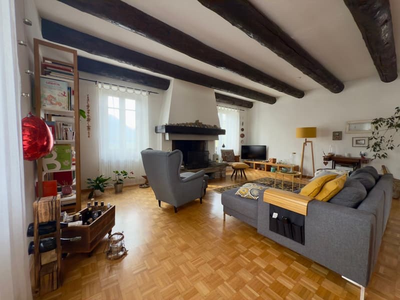 Cozy living room with exposed wooden beams, hardwood parquet flooring, a fireplace, a gray sofa, a wooden coffee table, and various decorative elements such as plants and artwork.