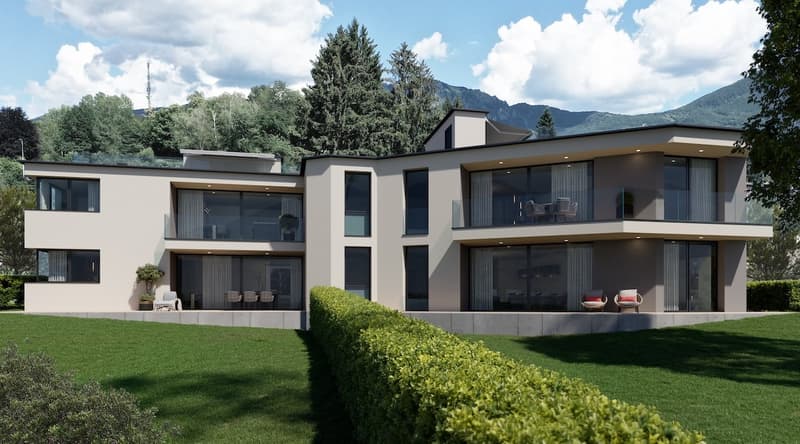 Modern 2 story house, raised ground floor, multiple balconies, lush greenery, modern architecture