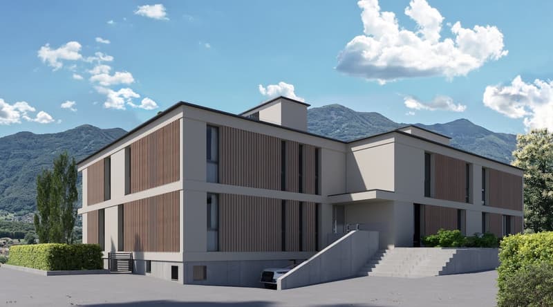 Newly constructed building, beige walls with brown wooden accents, white windows, sloping roof, stairs, parking area, elevated ground floor, and a small yard in front.