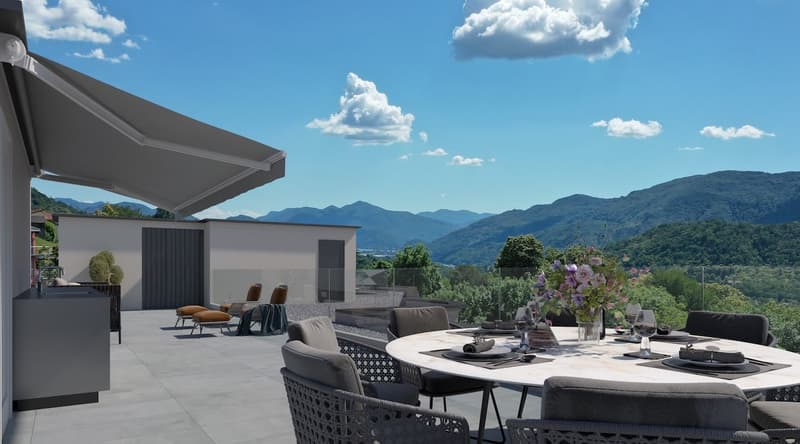 terraced area with a table and chairs, awning, mountains view