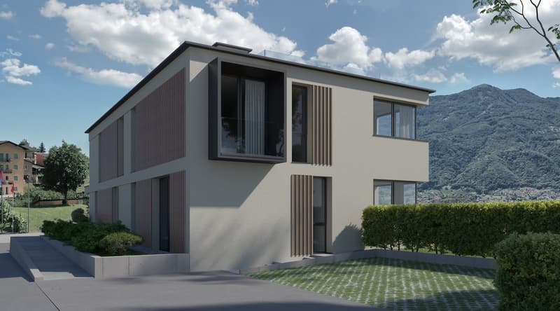 2 story house, white walls, grey roof, glass windows, balconies, terrace, mountain view