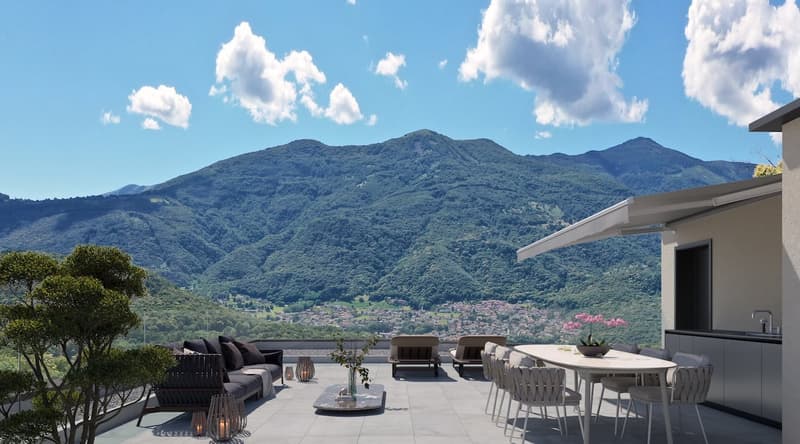 Modern furnished terrace with table and chairs, sofa with pillows, lamp, flower vase, trees, awning, panoramic view of the mountains