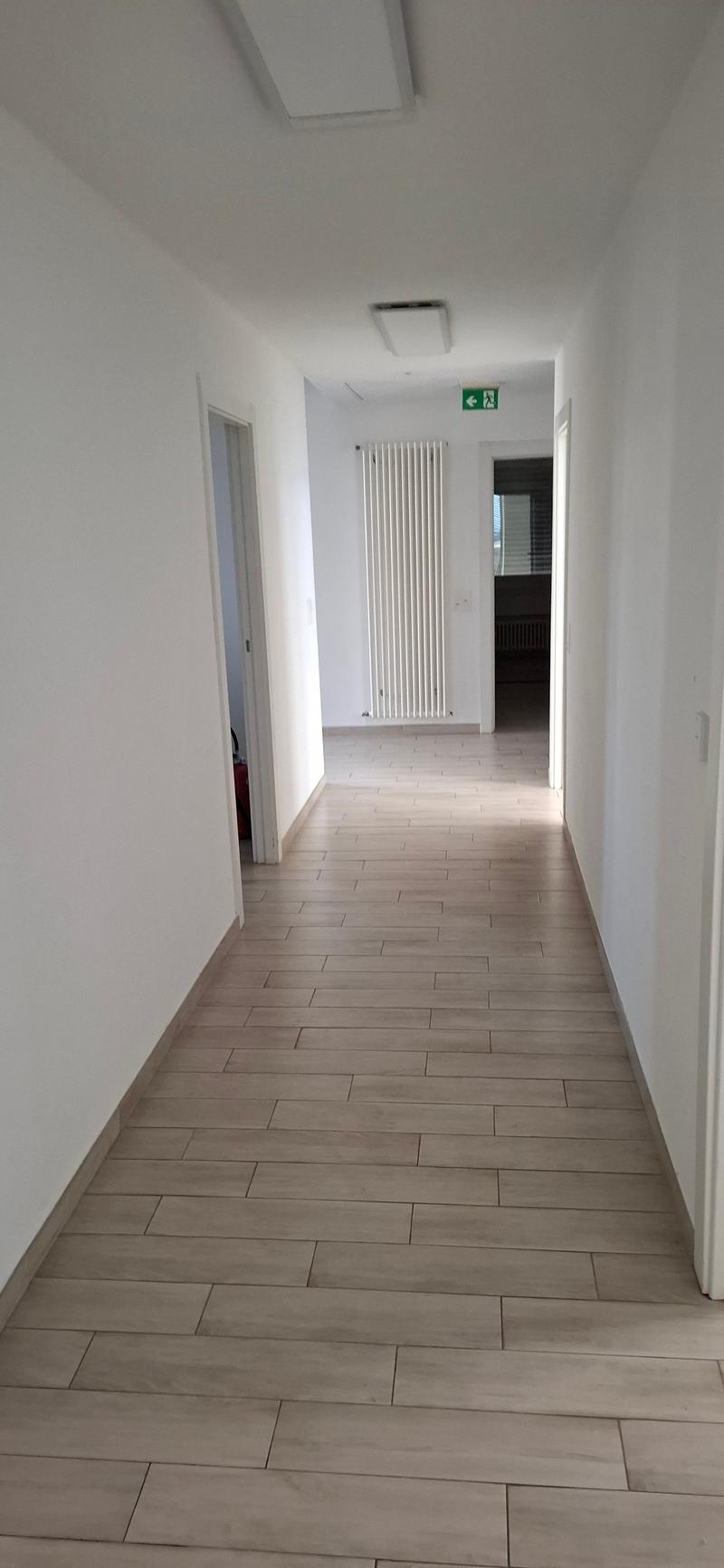 empty hallway, wooden floor, white walls, two doors, central corridor, radiator