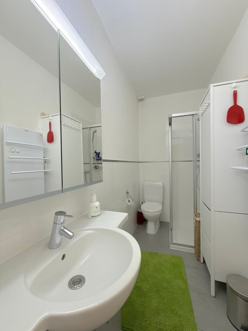 modern bathroom with white tiles, large mirror, glass shower enclosure, white toilet, silver faucet, white sink, green rug