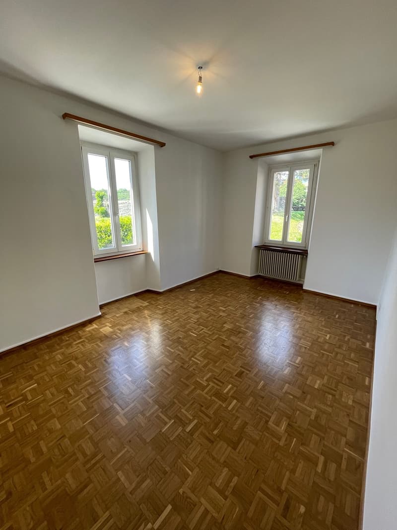wooden floor, two windows, white walls, light fixture, radiator