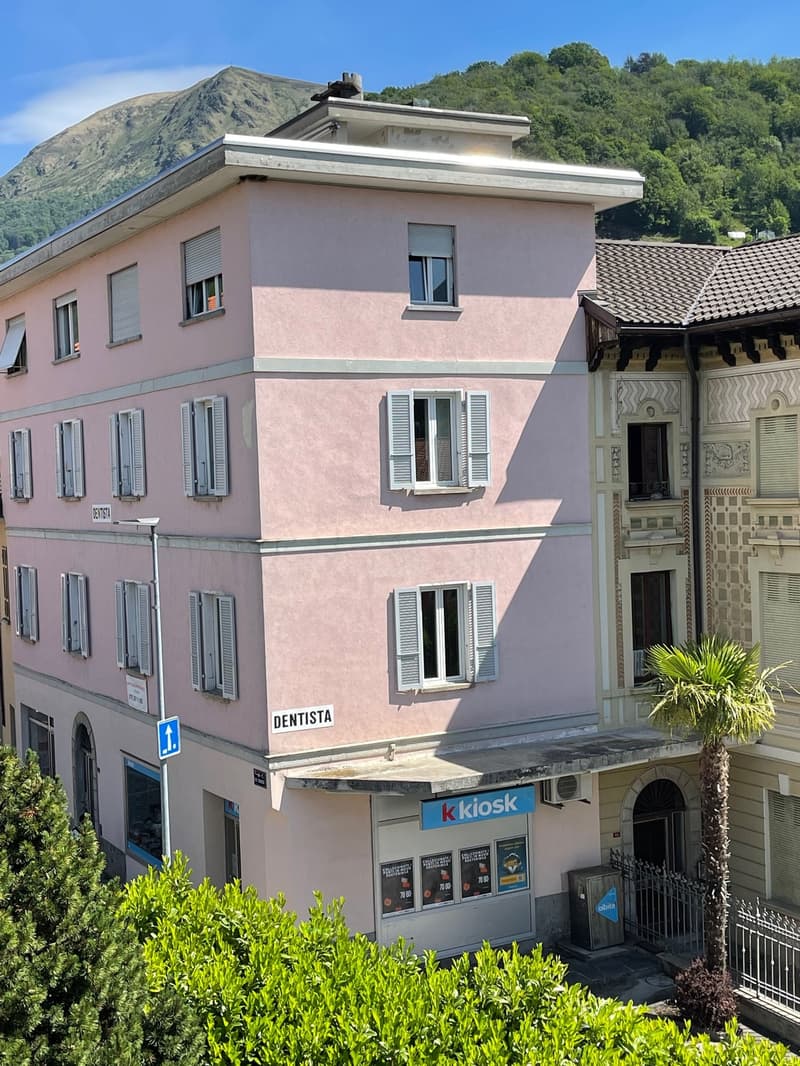 Multistory building with pink paint, multiple windows, a canopy over the entrance, and a palm tree in front