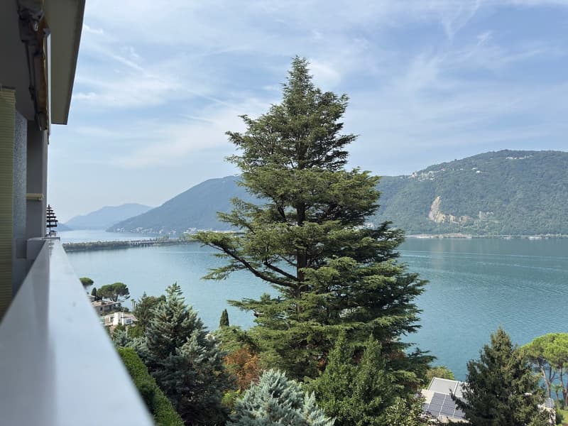 balcony with railings, overlooking lake and mountains