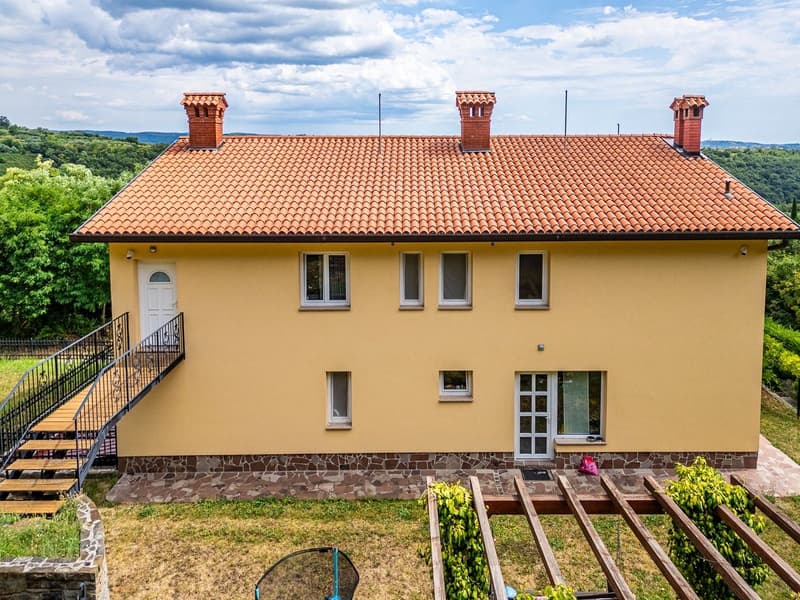 2 story house, yellow exterior, red roof, wooden stairs, garden, wooden pergola, chimneys